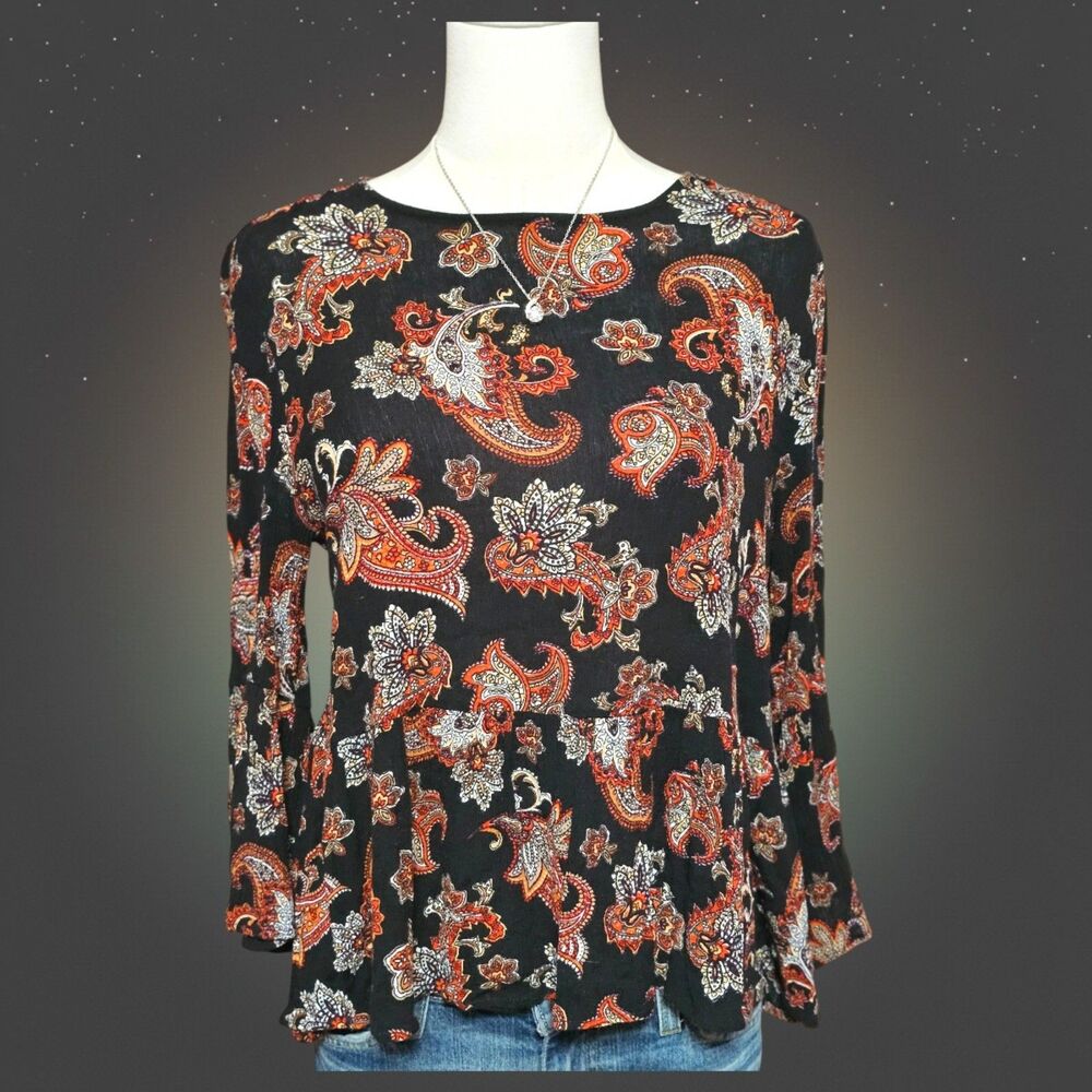 Altar'd State Wmns M Black Paisley Boho Peplum Blouse Bell Sleeve